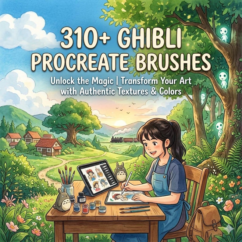 May include: A digital illustration featuring the text 310+ GHIBLI PROCREATE BRUSHES Unlock the Magic | Transform Your Art with Authentic Textures & Colors. A person sits at a wooden table drawing on a tablet, surrounded by paint pots and brushes.