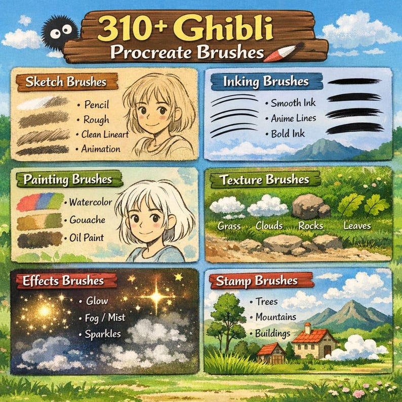 May include: A digital product display titled 310+ Ghibli Procreate Brushes featuring six categorized sections: Sketch, Inking, Painting, Texture, Effects, and Stamp brushes. Each section showcases visual examples of brush strokes and artistic effects.
