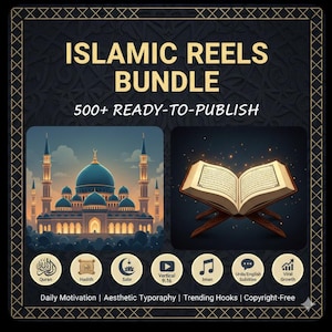 Puede incluir: Un anuncio de un paquete de Reels islámicos. La imagen presenta una ilustración de una mezquita y un libro abierto sobre un soporte. El texto incluye "ISLAMIC REELS BUNDLE" y "500+ READY-TO-PUBLISH". Iconos y texto adicionales promocionan funciones como "Quran", "Hadith" y "Viral Growth".