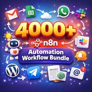 Może przedstawiać: Żywa grafika promująca pakiet przepływu pracy automatyzacji. Obraz zawiera tekst "4000+" w dużych, złotych literach, wraz ze słowami "Automation Workflow Bundle". Różne ikony aplikacji, w tym e-mail, WhatsApp i Slack, są połączone strzałkami.