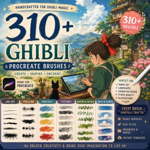 May include: A digital product listing for 310+ Ghibli Procreate brushes featuring an anime-style illustration of a person drawing on a tablet. The graphic includes brush stroke samples for line art, pen and ink, painterly, textures, nature, and skies.
