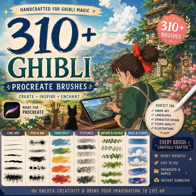 May include: A digital product listing for 310+ Ghibli Procreate brushes featuring an anime-style illustration of a person drawing on a tablet. The graphic includes brush stroke samples for line art, pen and ink, painterly, textures, nature, and skies.