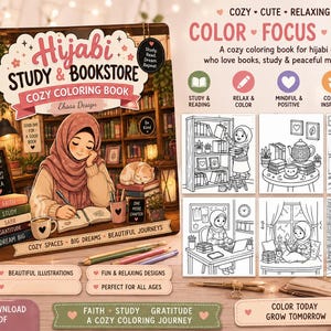 Peut inclure: Un livre de coloriage à reliure spirale intitulé Hijabi Study & Bookstore avec une illustration de couverture montrant une personne en hijab écrivant dans un livre dans une bibliothèque. Le livre contient 44 pages d'illustrations en noir et blanc.