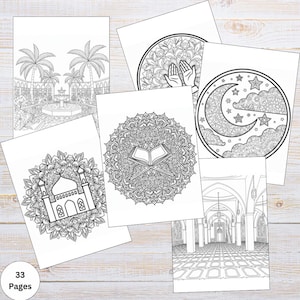 May include: A collection of black and white coloring pages featuring Islamic-themed designs. The pages include illustrations of mosques, mandalas, and detailed patterns. The text "33 Pages" is visible in the lower left corner.