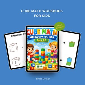 Puede incluir: Un cuaderno de trabajo digital para niños de 3 a 6 años, titulado "Cube Math Workbook". La portada presenta niños de dibujos animados y bloques de colores. El cuaderno incluye problemas de matemáticas con cubos.