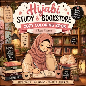 May include: A coloring book titled Hijabi Study & Bookstore Cozy Coloring Book featuring an illustration of a person in a hijab writing in a notebook. The scene includes stacks of books, a sleeping cat, a coffee mug, and various inspirational signs.