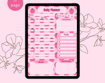 Agenda diaria con diseño de fresas rosas, PDF con enlaces para facilitar la productividad (descarga digital)