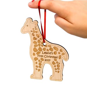 Personalized Baby&#39;s First Christmas Giraffe Ornament - Engraved Maple Wood