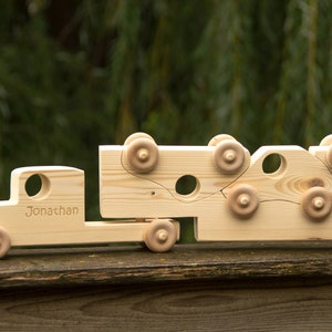 Personalized Wooden Toy Truck, Toddler Toy Semi Truck with Trailer image 1