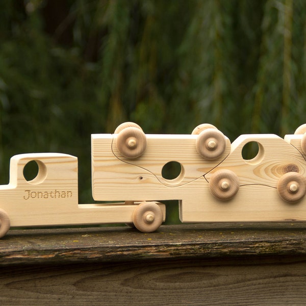 Personalized Wooden Toy Truck, Toddler Toy Semi Truck with Trailer