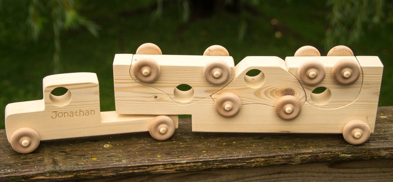 Personalized Wooden Toy Truck, Toddler Toy Semi Truck with Trailer image 5