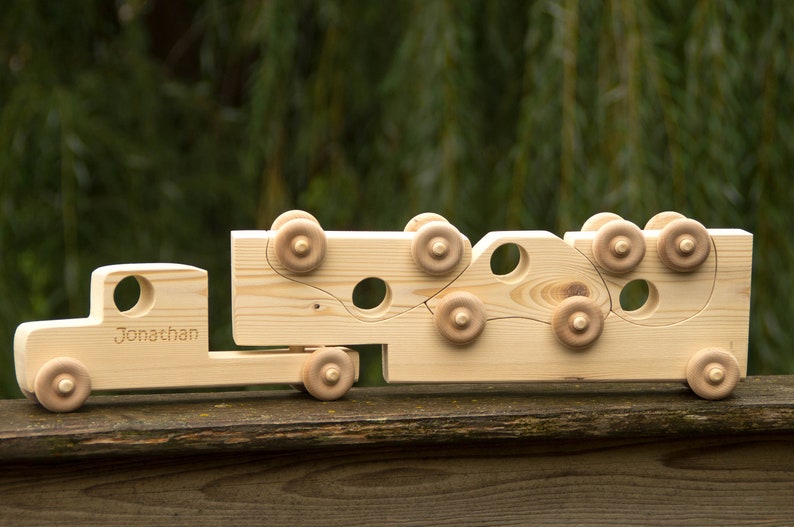 Personalized Wooden Toy Truck, Toddler Toy Semi Truck with Trailer image 1