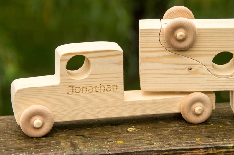 Personalized Wooden Toy Truck, Toddler Toy Semi Truck with Trailer image 2