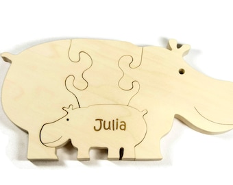 Wooden Puzzle - Hippo - Wooden Animal Puzzle - Wooden Toy - Montessori Toy