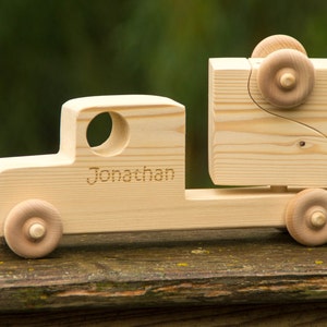 Personalized Wooden Toy Truck, Toddler Toy Semi Truck with Trailer image 3