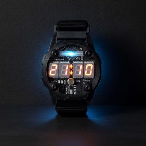 Puede incluir: Reloj de pulsera digital negro con un diseño futurista. La esfera del reloj muestra la hora en números digitales de color naranja. El reloj tiene una correa negra y una luz azul que emana de la esfera.