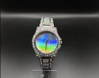 Personalisierte Regenbogen Kristall Casio Uhr: Handgemachtes Bling, Holographisches Ziffernblatt