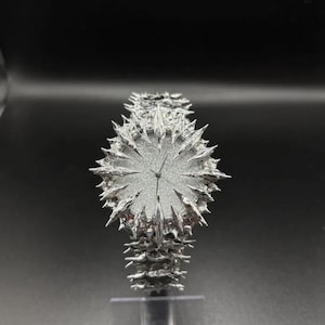 May include: A distinctive silver wristwatch with a textured, spiky design. The watch has a round face with hands showing the time. The strap and face are covered in sharp, irregular protrusions, creating a striking appearance.