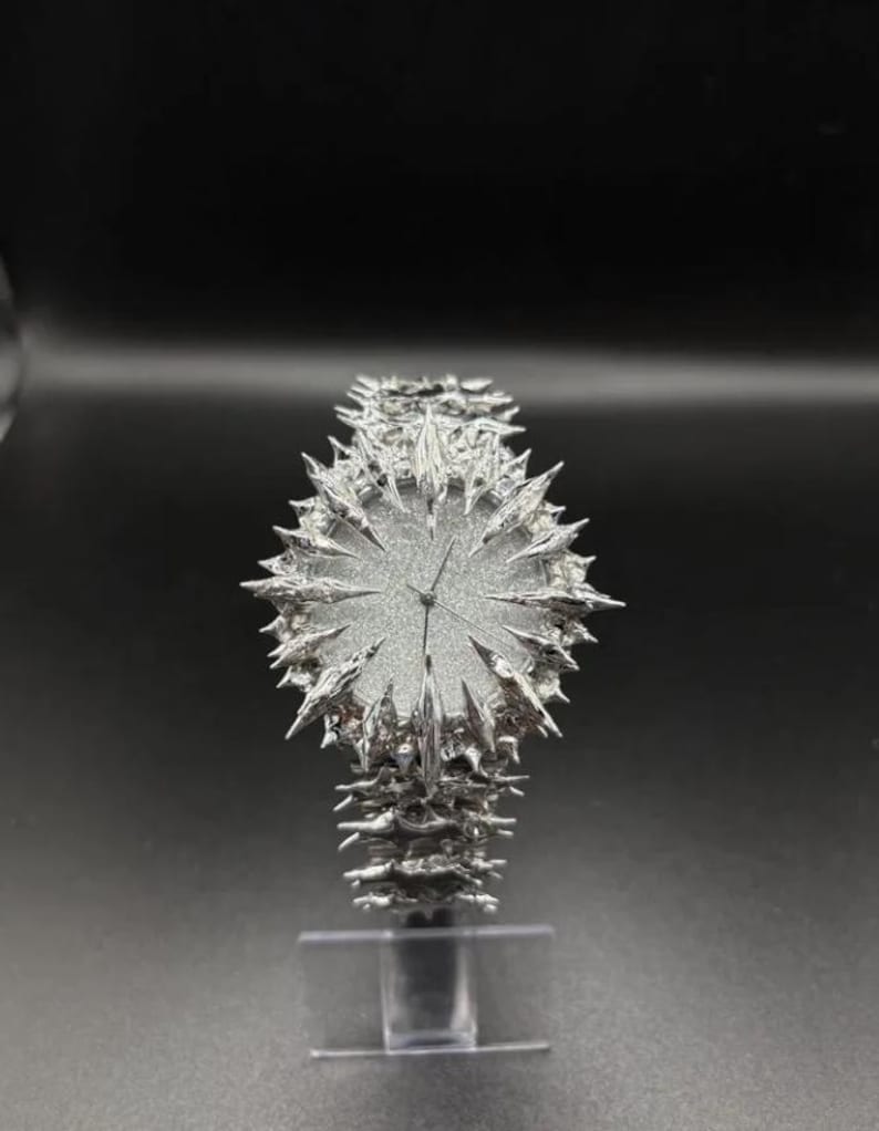 May include: A distinctive silver wristwatch with a textured, spiky design. The watch has a round face with hands showing the time. The strap and face are covered in sharp, irregular protrusions, creating a striking appearance.