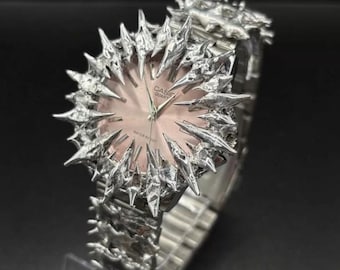 Custom Casio “Venus Spikes” — Handcrafted Silver Spiked Watch with Pink Dial Avant-Garde Art Timepiece