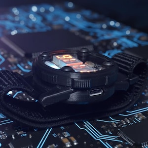 May include: Black digital wristwatch with a black fabric band, resting on a circuit board. The watch face displays orange numerals. The background features a complex network of blue lines and electronic components.