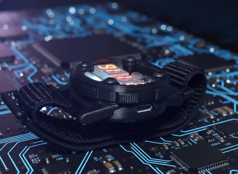 May include: Black digital wristwatch with a black fabric band, resting on a circuit board. The watch face displays orange numerals. The background features a complex network of blue lines and electronic components.