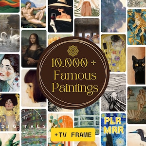 以下が含まれることがあります： 肖像画、風景画、抽象芸術など、有名な絵画のコラージュ。中央の画像には、円形のデザインで「10,000+ Famous Paintings」というテキストが表示されています。その他の画像には、帽子をかぶった女性、黒猫、「叫び」などがあります。