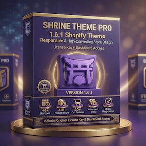 Könnte beinhalten: Eine dunkelviolette Produktbox für Shrine Theme Pro 1.6.1 Shopify Theme mit goldenen Akzenten. Die Box zeigt den Text "Shrine Theme Pro" und "1.6.1 Shopify Theme" und erwähnt einen Lizenzschlüssel und Dashboard-Zugang. Zu den Funktionen gehören 46+ Abschnitte und 40+ Produktblöcke.