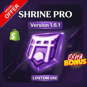 以下が含まれることがあります： 「SHRINE PRO Version 1.6.1」と「LIFETIME USE」の文字が入った紫色のグラフィック。白い鳥居のアイコンと緑色のショッピングバッグのアイコンが含まれています。