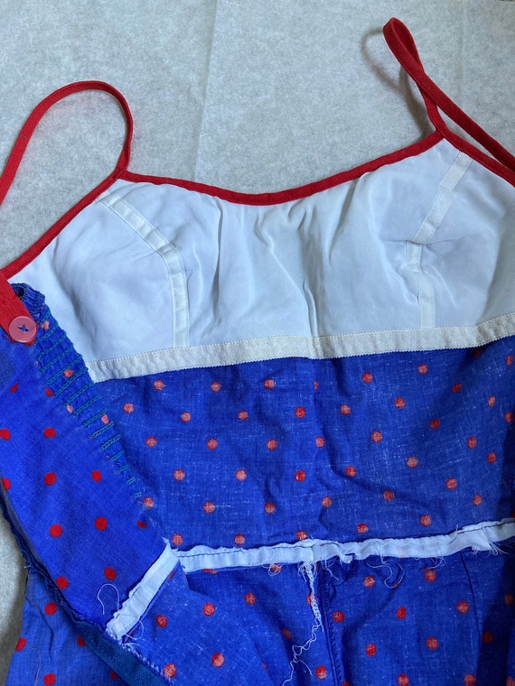 70s Cotton Romper blue and red polka dot Short Sh… - image 7