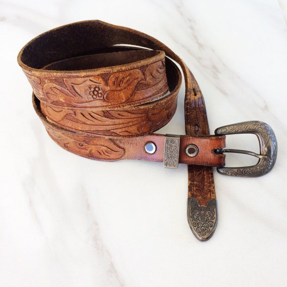 50s Tooled Leather Belt // Sterling Silver Buckle