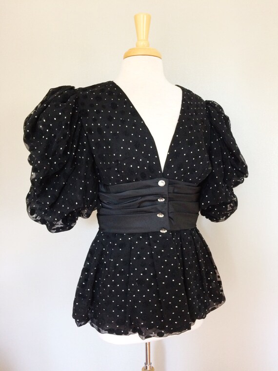 60s Puff Sleeve Blouse // Metalic Polka Dot Top /