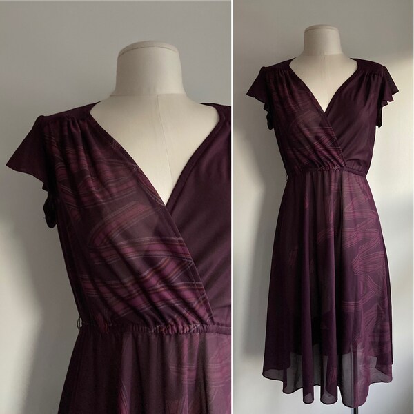 70s Sheer Plum Wrap MIDI Dress