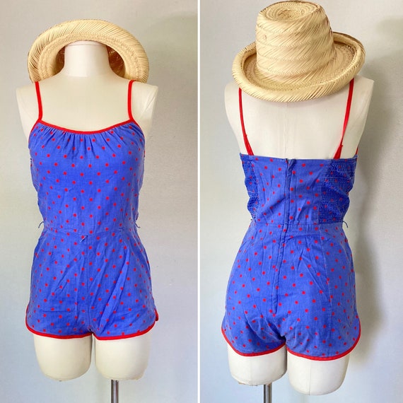 70s Cotton Romper blue and red polka dot Short Sh… - image 2