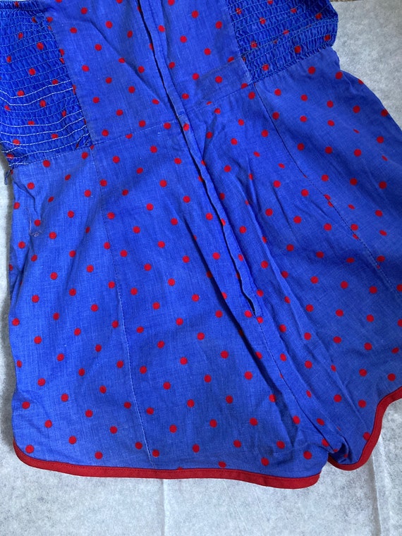70s Cotton Romper blue and red polka dot Short Sh… - image 8