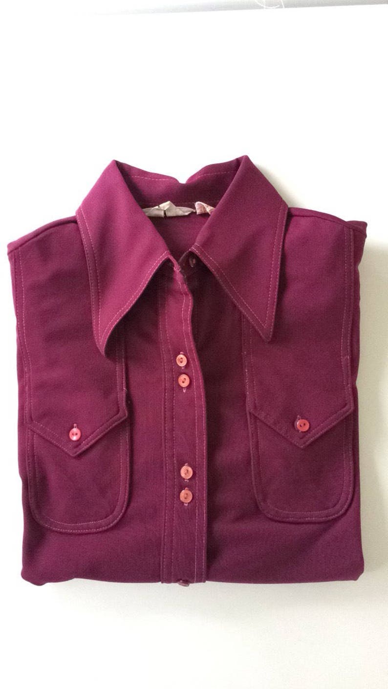 70s Polyester Shirt // Burgundy Blouse // Big Collar WESTERN | Etsy