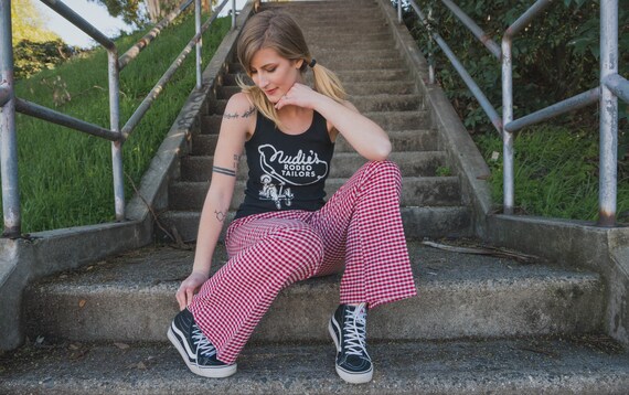 70s knit bellbottoms // Gingham Pants // 1970s Bel
