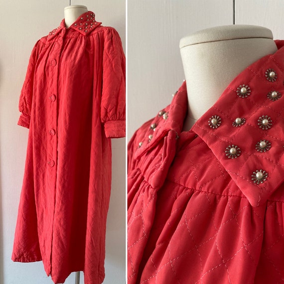 1940s Quilted Robe with Studded Collar // 40s Loun