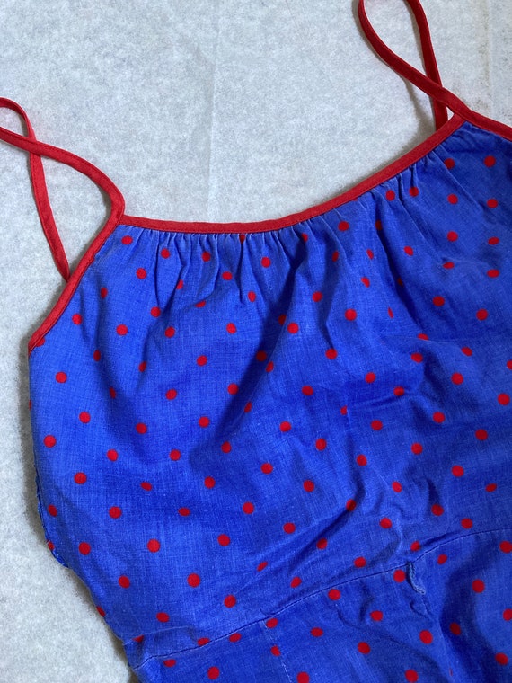 70s Cotton Romper blue and red polka dot Short Sh… - image 3