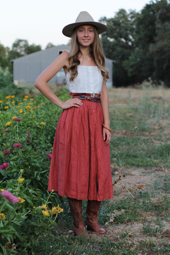 Linen Full Skirt // 70s Rust Midi Skirt // 24 inch