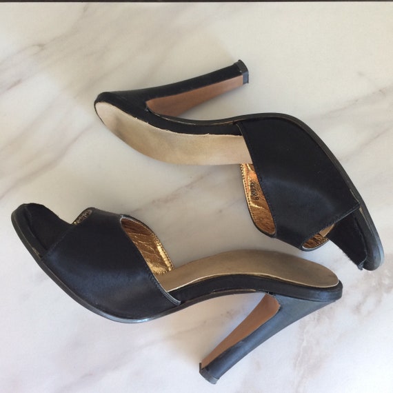 50s Peep Toe Mule // 1950s Black Stilettos // Slid