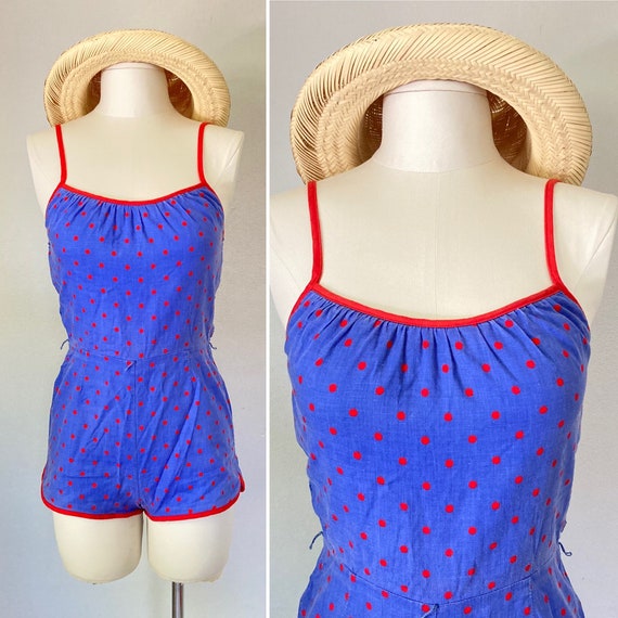 70s Cotton Romper blue and red polka dot Short Sh… - image 1