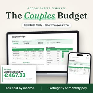 Couples Budget Spreadsheet, Split Bills Fair by Income, Google Sheets Template