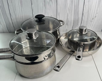 VTG 1993 18/10 Stainless 3Ply Base Chefs Pride Pan Set Steamer Fry Pan Set of 8