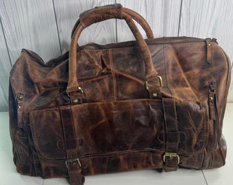 Vintage 90’s Brown Leather Weekender Duffle Patchwork Bag 20”x10”x10” Logo/Name