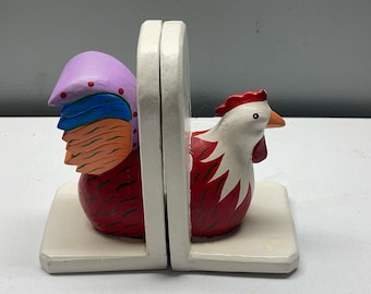 Chicken Bookends, Hand Carved Painted Wood - Bead and Tail