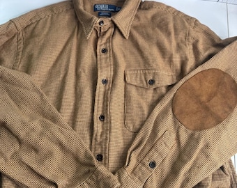 Camisa Polo Ralph Lauren Bowen Masculina Tamanho XL Flanela com Reforços nos Cotovelos Estampa Espinha de Peixe Anos 90