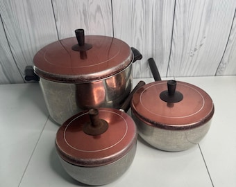 3er Set Vtg MCM Wear-Ever/Faberwear Aluminium Töpfe Pfannen Pfanne Kupfer Deckel