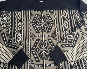 Sudadera con cuello redondo para esquí nórdico Obermeyer vintage, geométrica, en negro y marrón, de mezcla de lana, talla mediana, años 90