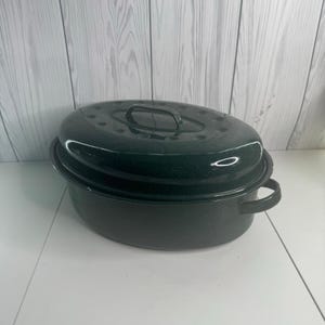 Olla/asador holandés esmaltado vintage con tapa, color verde moteado, 16x13x9